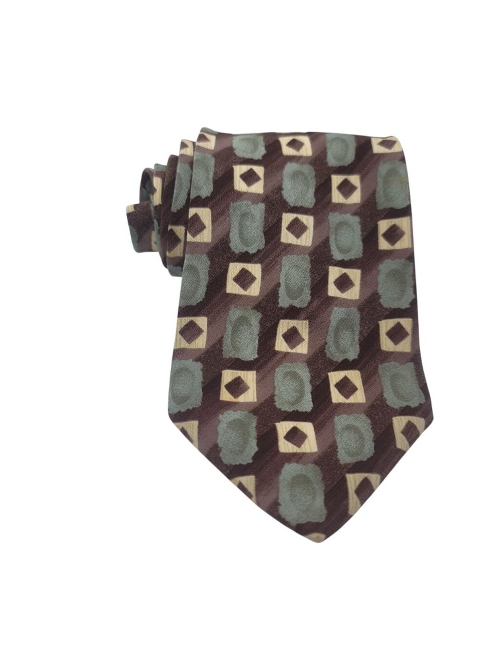 Vintage Croft & Barrow 100% Silk Tie Geometric Print Brown & Green Made In USA